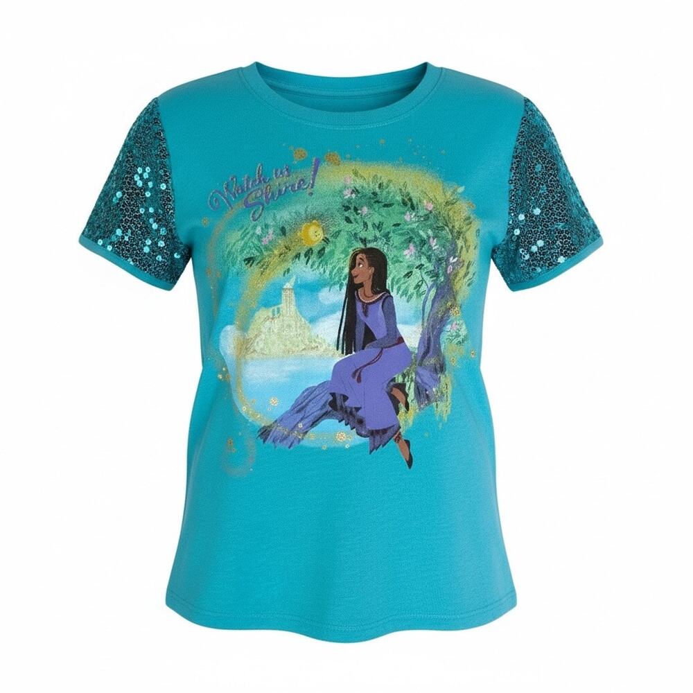 Disney Wish Movie Tee Asha Star Valentino Sequin Sleeve Blue Girls 6-6X Teal Top